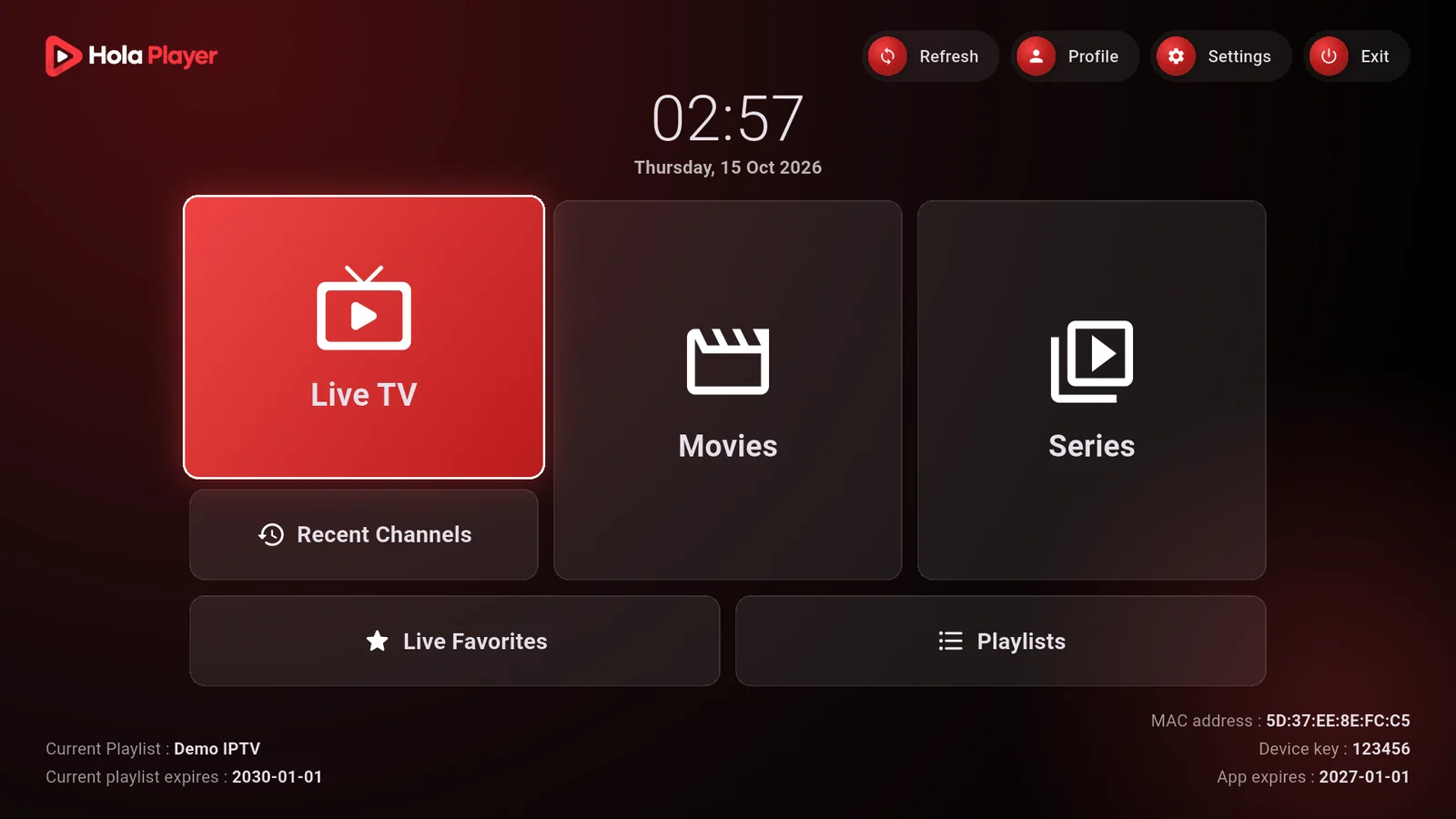 Hola Player home screen